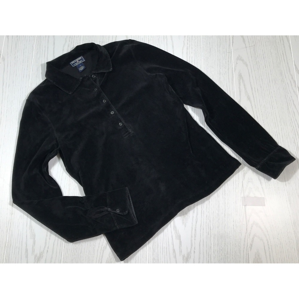 Vintage 90s Polo Shirt Women L Black Velour 1/2 Button Up Collared Stretch Soft